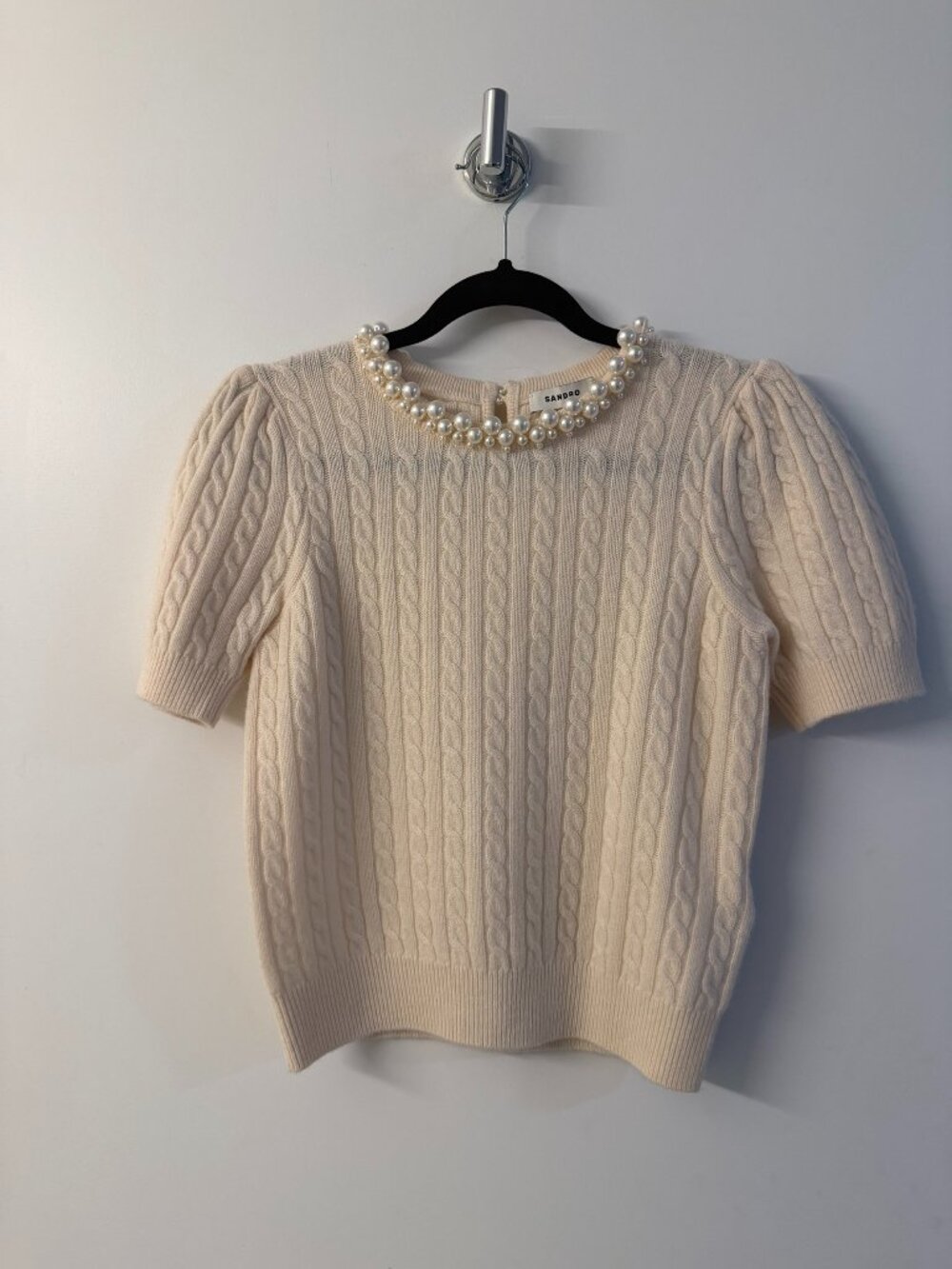 Sandro Pearl Embellished Cable Knit Short Sleeve Sweater Cream S